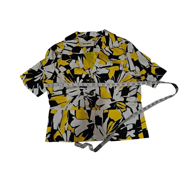 Jennifer Eden Womens Abstract Print Buttoned Short-Sleeve Blazer White/Yellow/Bl - Picture 9 of 10